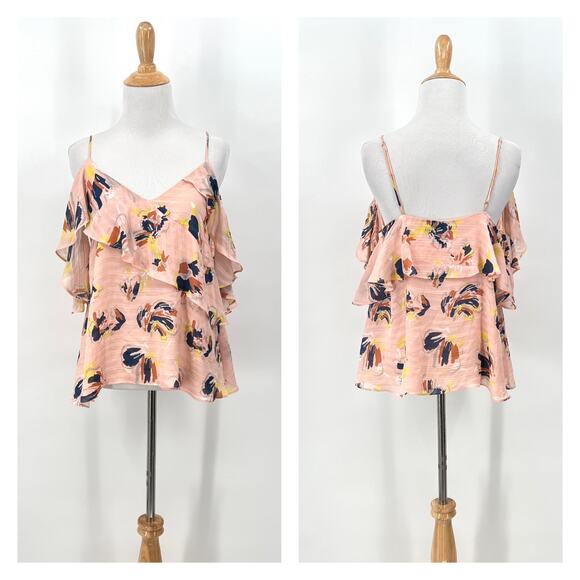 TANYA TAYLOR Chiara Silk Cold Shoulder Top Womens 4 Pink Abstract Floral Ruffle - Picture 2 of 16